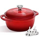 Enameled Cast Iron Dutch Oven Pot With Lid - AIVIKI 5QT Dutch Oven for Bread Baking With Cotton Potholders - Heavy-Duty Cookware for Braising, Stew, Roasting, Oven Safe up to 500°F, Red