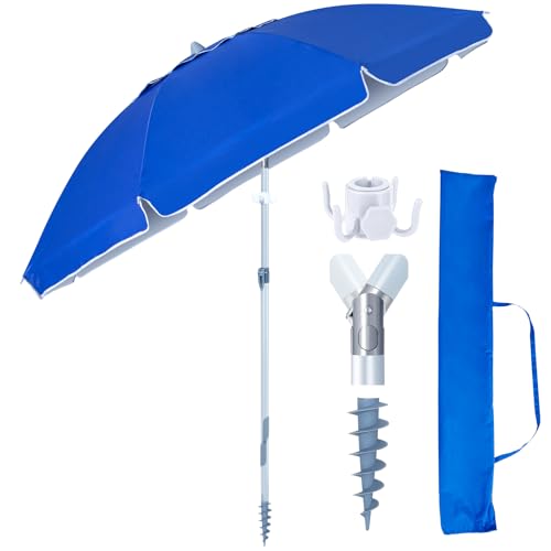 Tempera Heavy Duty High Wind Beach Umbrella with Sand Anchor & Carry Bag|Patio Outdoor Umbrella with Aluminum Frame and Push Button Tilt, Ideal for Travel Garden Lawn, UPF 60+,Blue by Tempera - Used condition - US$34.99