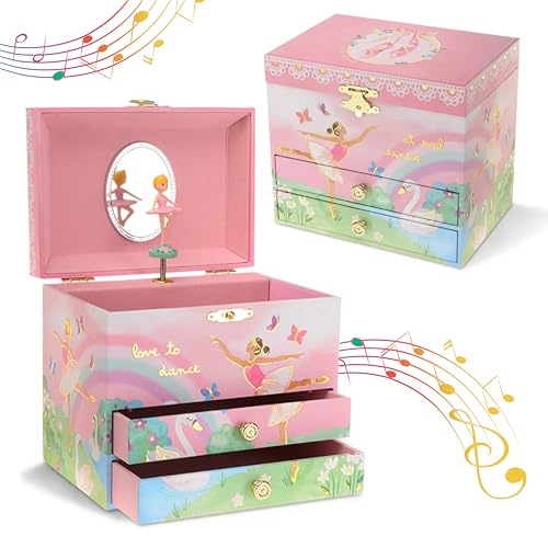 Jewelkeeper Joyero Musical Niña Grande con Bailarina Dorada y Arco Iris - Caja Musical con 2 Cajones Extraíbles - Joyero Decorativo para Guardar y Organizar Joyas, Pulseras y Collares