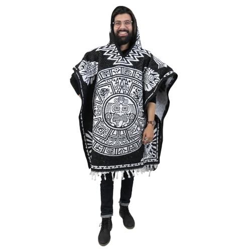 Leos Imports Traditional Reversible Color Mexican Poncho Gaban with Hoodie & Aztec Calendar Design for Men and Women - One Size (Black)