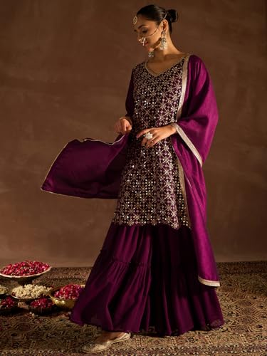 Image of INDO ERA Women's Embroidered Georgette Knee Length Straight Kurta & Sharara With Dupatta Set (SHTUR7823)
