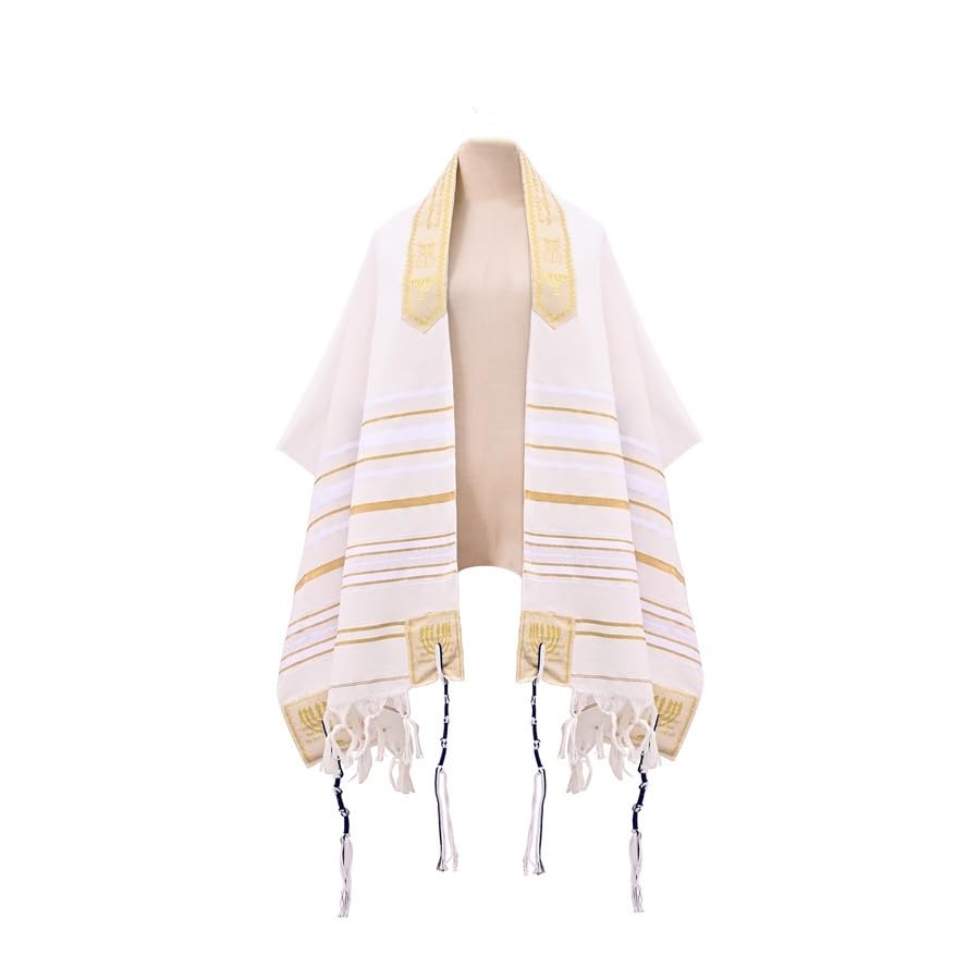 Tallit Prayer Shawl Set with Menorah Design, White and Blue
