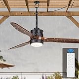 EKIZNSN 42“ Wet Rated Ceiling Fans with Lights Outdoor Hanging for Gazebo Waterproof, DC Motor w 3 Reversible Walnut Wood Blades, Walnut