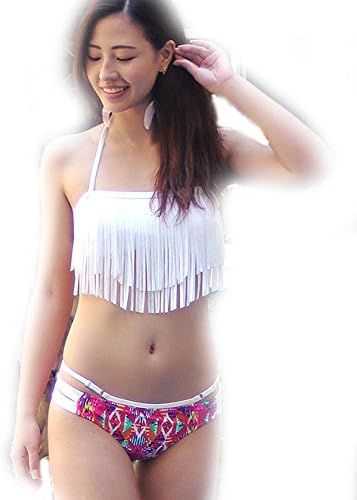 Amazon 水着 ビキニ フリンジ バンドゥビキニ フリンジビキニ バンドゥ ネイティブ ネイティヴ トライバル 体型カバー レディース 2点セット ブラジリアン ブラジリアンビキニ ｍサイズ フリー ホワイト トライバル ビキニ セパレーツ 通販