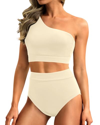 Image of Holipick Women One Shoulder High Waisted Bikini Sets Two Piece Swimsuit Tummy Control Bathing Suit Full Coverage Swimwear