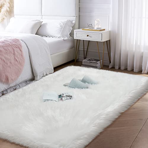 Image of Tangsoo Faux Fur Sheepskin Rug,White Fluffy Fuzzy 3x5 Area Rug for Bedroom