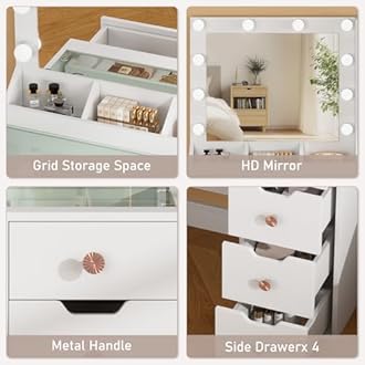 Makeup Vanity Desk with Mirror and Lights,35.4" White Vanity with Glass Top,Vanity Table with 5 Drawers,3 Lighting Modes & Brightness Adjustable Dressing Table for Bedroom