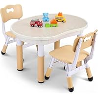 MAMIZO Kids Table and Chairs Set, Height-Adjustable Peanut-Shaped Table, Erasable Drawing Desk with 2 Chairs, HDPE Plastic Non-Slip Children's Furniture for Learning, Play & Eating, 80x60cm (yellow)