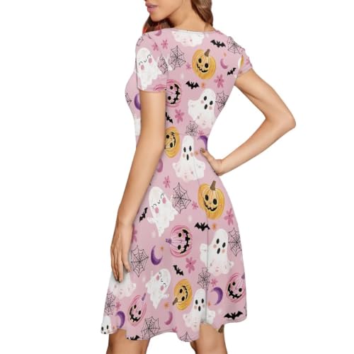 Image of POLERO Women Puffy Swing Elegant Party Midi Dresses Short Sleeve Round Neck A-Line Dress