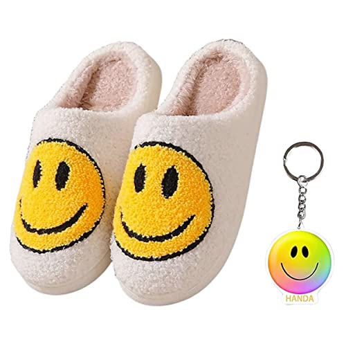 Gzcvba Cute Happy Face Slippers for Women Men, Retro Soft Plush Warm Cushioned Lightweight Non-Slip House Slippers Cozy Indoor Outdoor Slippers (7-8 Women/6-7 Men, White)