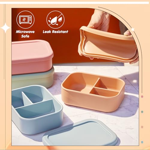 Image of Layhit 2 Pcs Silicone Bento Box for Adults, 27 oz Bento Lunch Container Reusable Food Container for Women Men, Leak Proof Microwave Dishwasher Freezer Safe (3 Compartments,Dark Red,Green)