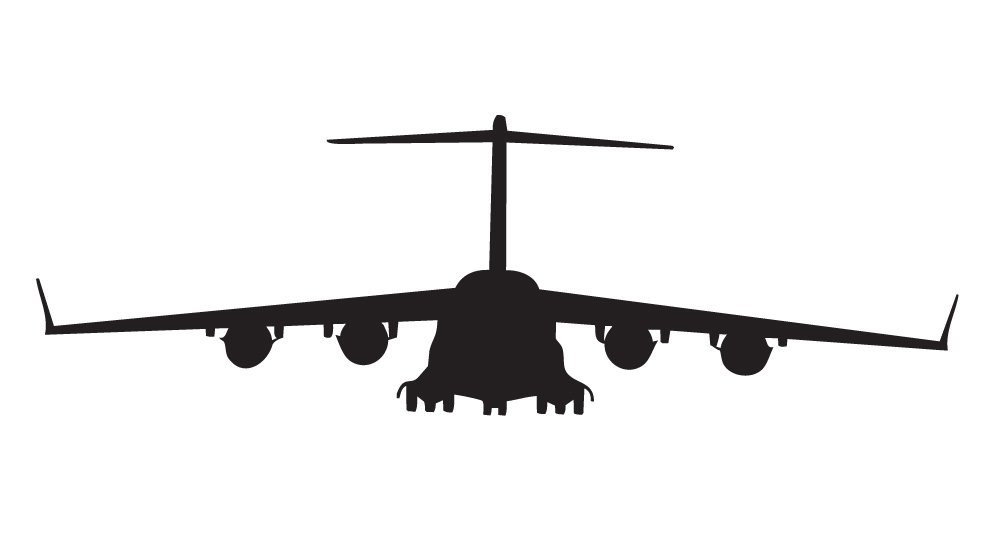 MILITARY-PLANECHOPPER01-5-MBLA - Matte Black Vinyl Military Plane/Helicopter Silhouette Decal - Boeing C-17 Globemaster III Design - 5-by-1.625-inches - (1) Piece Kit - Single Decal