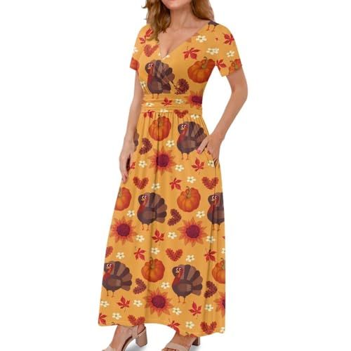 Image of Women's Fall Summer Short Sleeve Ankle Length V-Neck Party Dress with Pockets Size S-3XL