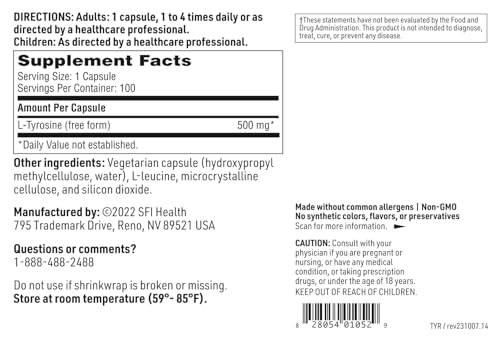 Klaire Labs L-Tyrosine - 500 Milligrams Hypoallergenic & Free Form Amino Acid Dopamine Precursor, Supports Healthy Stress Response (100 Capsules)