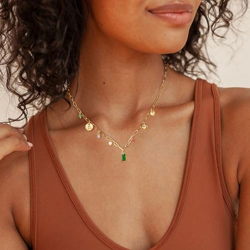 Gold Necklace for Women Dainty 14K Gold Plated Birthstone Necklace Green Blue Pendant Charm Necklaces Birthday Gifts Waterproof Jewelry3