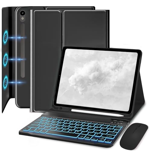 Bxomteng Keyboard Case for Samsung Galaxy Tab S10 FE & S9 FE 10.9 inch/Tab S9 & S8 & S7 11 inch - 7 Color Backlit with S Pencil Holder Keyboard, Slim Folio Case and Mouse (Black)