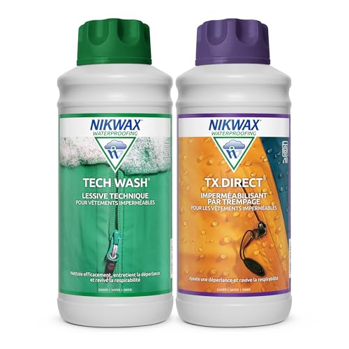 Nikwax Pack Duo Tech Wash et TX.Direct, Nettoyant et Imperméabilisant Techniques pour vêtements imperméables, Nettoient, Imperméabilisent, Revitalisent la respirabilité, 2 x 1L