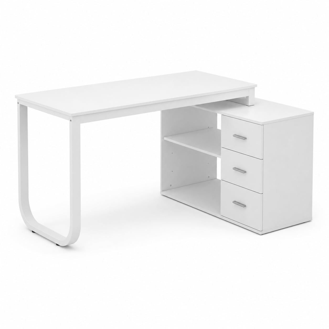 Schreibtisch Weiß mit 3 Schubladen und Regal, Computertisch mit Stauraum, Arbeitstisch für Homeoffice, Jugendzimmer und Büro, 140 x 105 x 75 cm