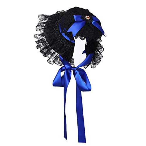 COSDREAMER Girls Women Victorian Bonnets Lace Flowers Tea Party Hats (Black blue) - Image 2