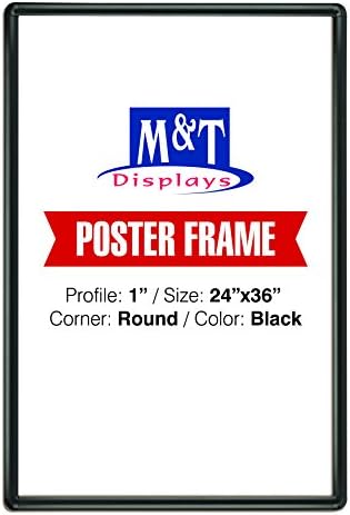 M&T Displays Snap Poster Frame 24x36 Inch Black 1" Aluminum Profile Front Loading Wall Mounting Photo Picture Document Certificate Sign Holder Round Corner Anti Glare Cover
