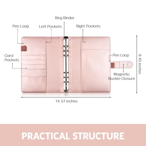 Image of Sooez A5 Notebook Photocard Binder, 6-Ring Planner with Stylish Design, Loose Leaf Personal Organizer Cover with Magnetic Buckle, PU Leather Binder with Macaron Colors (Rose Gold)