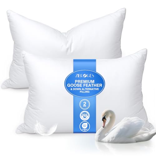 zibroges Feather Pillows Queen Size Set of 2 - Goose Down Hotel Bed Pillow for Sleeping, Soft 600 Thread Count Cotton Cover, Fluffy Support Surround Fill Polyester for Side, Back, Stomach Sleepers