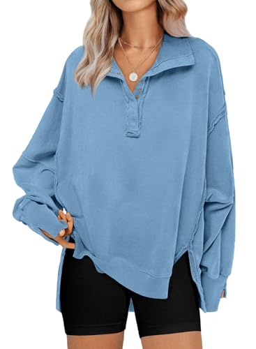 SHEWIN Sweatshirt for Women Early Fall Fashion Long Sleeve Shirts Casual Loose V Neck Sweatshirts Trendy Fall Outfits for Women 2025 Light Blue Medium
