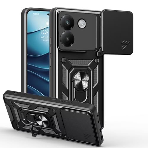 Image of Heavy Duty Back Case Cover for Poco M7 Pro 5G, Shockproof Poco M7 Pro Back Cover, Ring Case with Kickstand and Camera Protection Shutter - Black