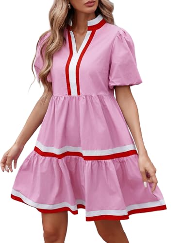 Image of LifeShe Womens Puff Sleeve Babydoll Dress V Neck Navy Blue Striped Color Block Tiered Mini Dresses