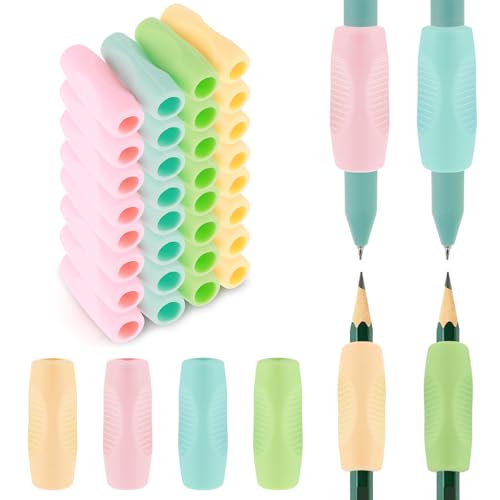 Wanmu 32Pcs Pencil Finger Grips for Kids Handwriting, Ergonomic Silicone Pencil Grippers, Writing Tool with Finger Cushion, 4 Colors Gel Pen Grips with 3 Concaves for Kids, and Toddlers