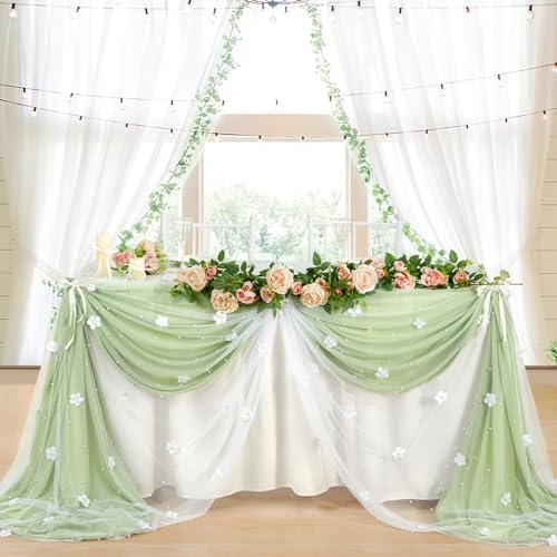 Luoluohouse TABLE CLOTH White Pearl Tulle Tablecloth: 10Ft Flower Pearl Table Runner Tulle Fabric Wedding Lace Tablecloth Arch thumb #5