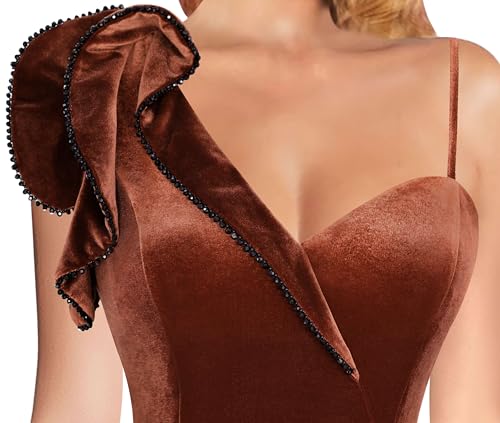 Image of VFSHOW Womens Formal Prom Elegant Ruffle One Shoulder Beaded Strap Ruched Slit Maxi Dress Wedding Evening Long Gown