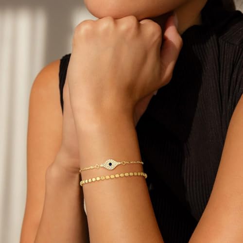 SUPNEER 18K Gold Evil Eye Bracelets for Women 5A Cubic Zirconia Blue Eye | Adjustable Link Bracelets Set, 2Pcs Protection, Jewelry Gift with Card for Mother's Day Christmas - image 4