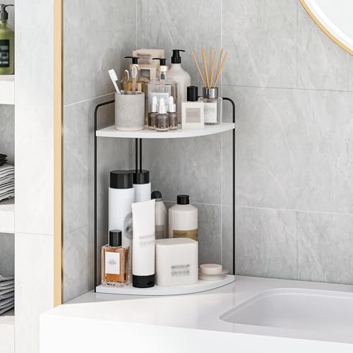 Image of Forest Angle Bathroom Counter Organizer,Countertop Organizer,Vanity Organizers,Bathroom Storage,Bathroom Sink Caddy,Counter Shelf,Corner Counter,Corner Shelves(Black-White Marble)