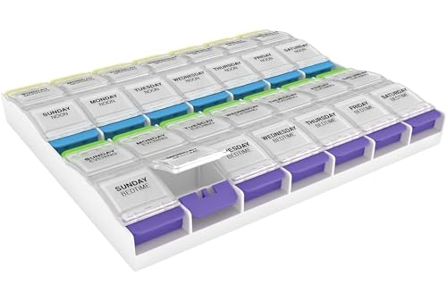 Image of Ezy Dose Weekly (7-Day) Pill Case, Medicine Planner, Vitamin Organizer Box, 3X-Large Push Button Compartments, 4 Times a Day, Clear Lids, BPA Free
