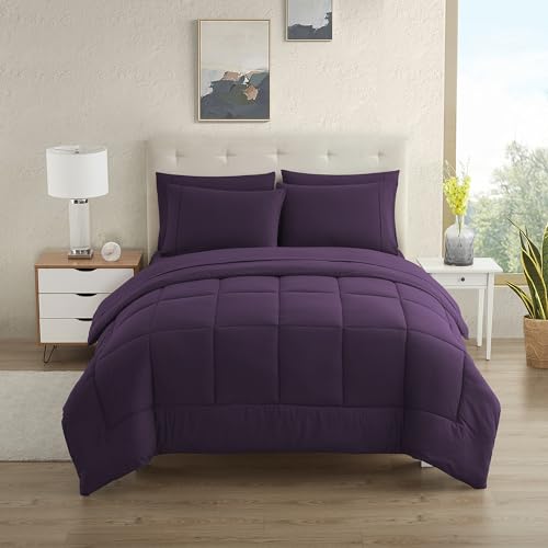 California King Comforter Set - Soft & Breathable 7-Piece Bedding Collection - 1 Comforter, 1 Fitted Sheet, 1 Flat, 4 Pillowcases - Deep Pocket - Premium Quality - Ideal for All Seasons, Purple