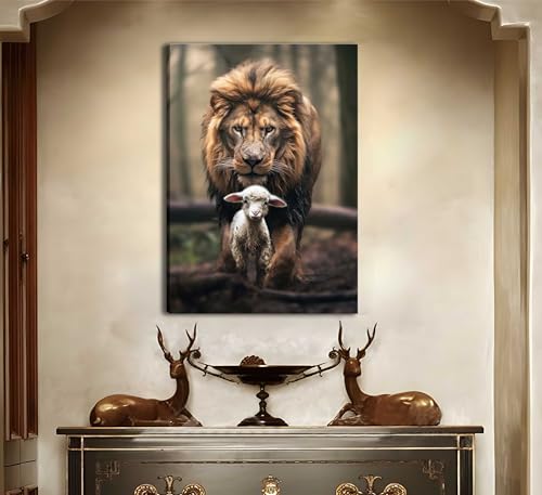 Nbyartq Framed Lion And Lamb Canvas Wall Art Christian Jesus Lion King Poster Print God Religious Wall Decor Pictures For Living Room Bedroom Decoration thumb #1