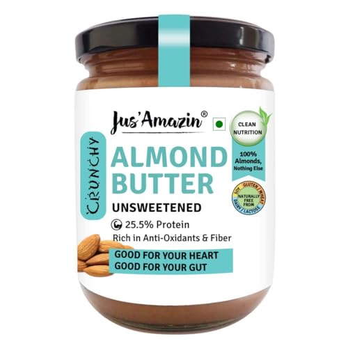 Image of Jus' Amazin Crunchy Almond Butter - Unsweetened (500 Gm)|25% Protein|Whole Almonds (100% Pure)|Zero Additives|100% Natural|Dairy Free|Keto|Plant Based Nutrition|Clean Nutrition