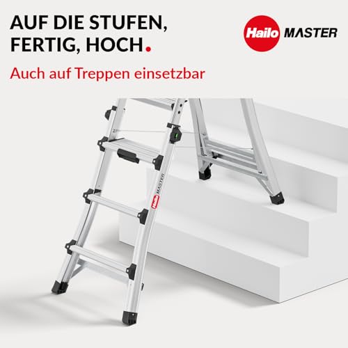 Hailo Master TL100 Topline 3-in-1 Alu Teleskopleiter - Flexible Arbeitshöhe 3-5 Stufen belastbar bis 150 kg - 2,65-3,09 m Arbeitshöhe einstellbar - extragroße Plattform - Leiter ausziehbar - Aluleiter
