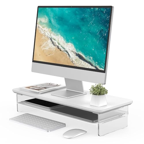 Image of Fenge 23.6 inch Dual Monitor Stand with Clear Acrylic Legs, White | Clear Acrylic, Storage Compartment, 2-tier Home Office Monitor Riser, Desktop Shelf Fit Monitor /Laptop /Printer