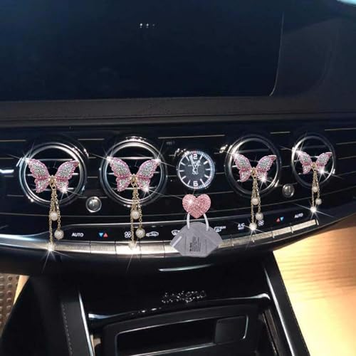 Image of Pink Butterfly Air Vent Clips, 4 Pcs Bling Butterfly Air Fresheners Vents Clips Diamond Car Interior Decor Bling Cute Car Accessories Decoration for Women+ Heart Mask Hook