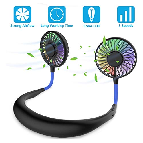 Hands Free Portable Neck Fan - Rechargeable Mini USB Personal Fan Battery Operated with 3 Level Air Flow, 7 LED lights for Home Office Travel Indoor Outdoor (Black+Blue)