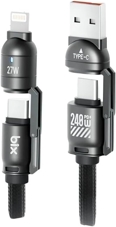 Bix 5IN1C-BK 1.5 Metre Siyah 240W USB-A ve Type C ve Lightning Çok Fonksiyonlu Yüksek Hızlı Şarj ve Data Kablosu, Çok uçlu Şarj Kablosu (Tüm Type C/Lightning Telefon ve Tabletlerle Uyumludur)