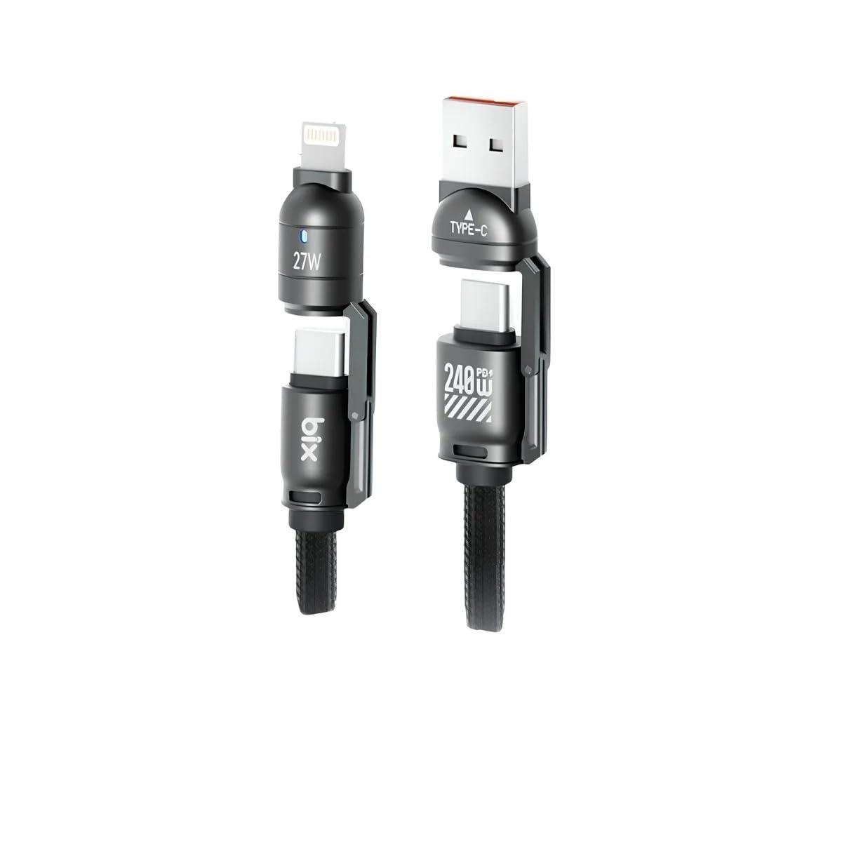 Bix 5IN1C-BK 1.5 Metre Siyah 240W USB-A ve Type C ve Lightning Çok Fonksiyonlu Yüksek Hızlı Şarj ve Data Kablosu, Çok uçlu Şarj Kablosu (Tüm Type C/Lightning Telefon ve Tabletlerle Uyumludur)