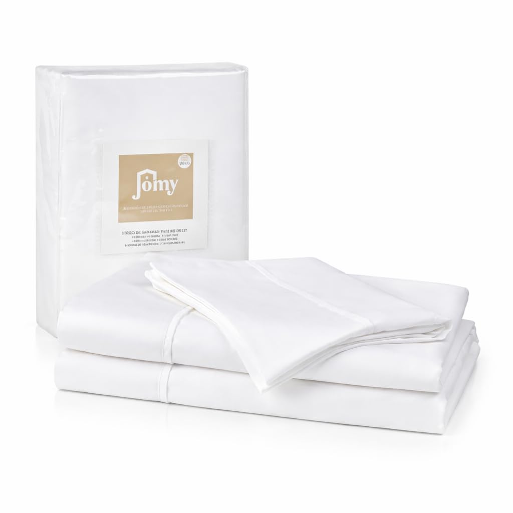Jomy Juego de sabanas 150 x 190/200 cm Algodon Egipcio DE 300 Hilos Blanco Juego Cama sábana encimera + 2 Fundas de Almohada 50 x75 + sábana Bajera Ajustable 100% Algodon Egipcio Blanco Saten.