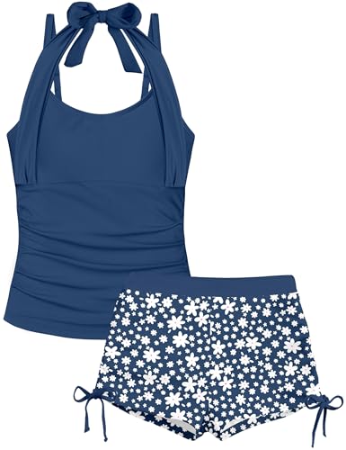 Image of Girls Swimsuit 2 Piece Halterneck Girls Tankini Swimsuit Drawstring Printed Swim Shorts Girl Bathing Suit for 7-18T