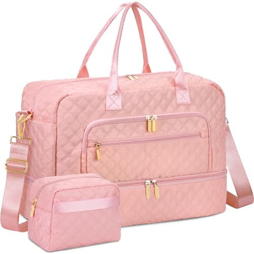 Large Travel Duffle Bag for Women,Carry on Overnight Bag Weekender Bags with Toiletry Bag Travel Bags for Women with Shoe Compartment for Gym Business Trips Sport Hospital(Pink)