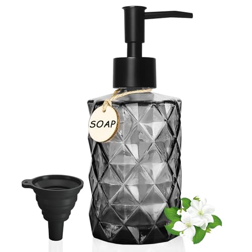 GKSCXEXE Seifenspender Schwarz, Moderner 330ml Seifenspender Bad Soap Dispenser Nachfüllbarer Pumpspender Glas Spülmittelspender Küche Handseifenspender mit Hölzerne Etiketten für Zuhause, Hotel