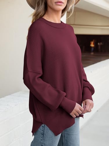 Image of ANRABESS Women Oversized Sweaters Batwing Long Sleeve 2026 Fall Outfits Crewneck Casual Knit Side Slit Fashion Pullover Top
