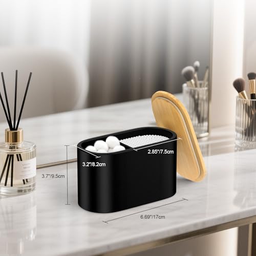 Image of Cotton Swab Holder,Round Cotton Pads Balls Qtip Holder Dispenser with Lid, 2 Compartments Qtips Holder, Tampoms Period Box Bathroom Organizers Storage Bin Floss Dispenser Vanity Cosmetics, Black